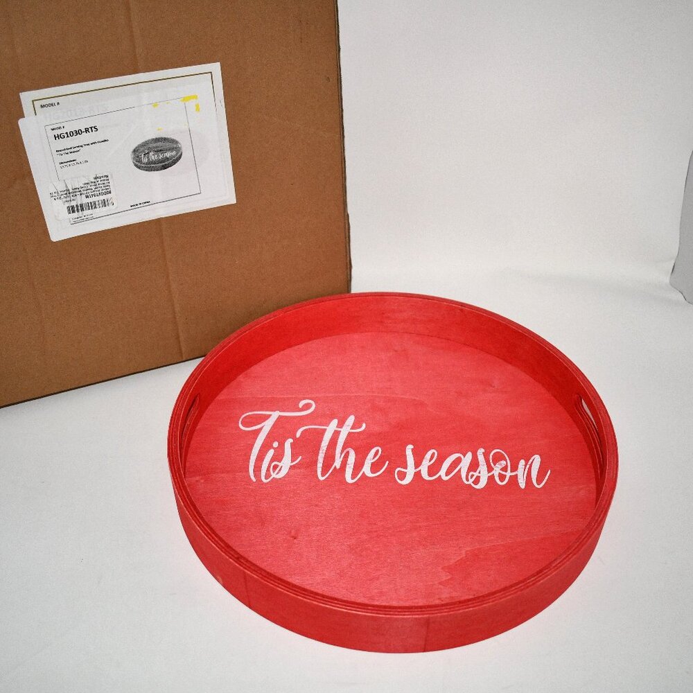 Elegant Designs HG1030-RTS 13.75" Wooden Serving Tray, Tis The Season, Red Wash,